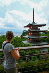 japanese temple in the morning, view on mount fuji