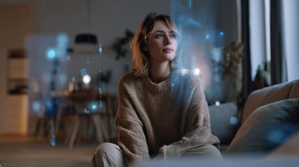 Woman looking at holographic data interface indoors with soft lighting