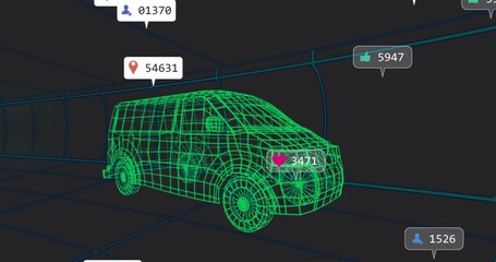 On start notification labels clustering and drifting around green wireframe van, showing engagement