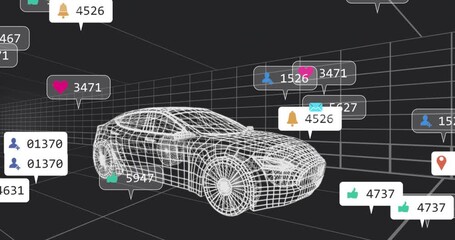 Wireframe sedan attracting icons entering left, clustering then dispersing to show engagement - Powered by Adobe
