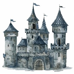 Whimsical watercolor illustration of an ancient stone castle with spires, on a white background