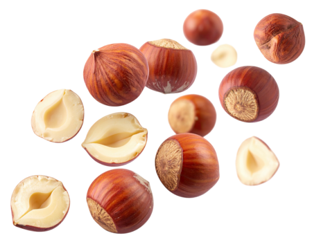Close-up of peeled and intact shelled brown nuts arranged against a black backdrop