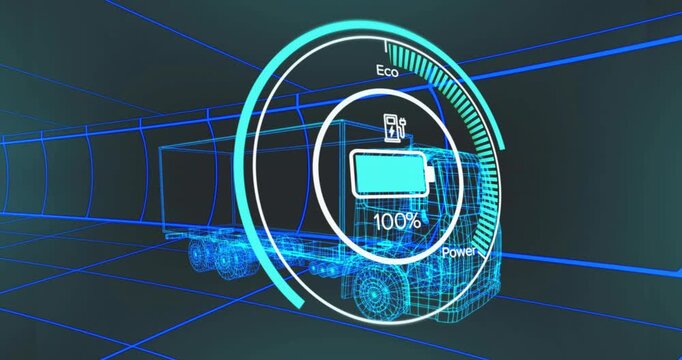 HUD activating animating battery readout rising to 100% then falling, showing truck diagnostics - Powered by Adobe