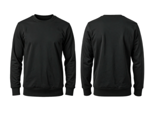 Front and back view of a black, crew neck sweatshirt; garment displayed with a plain background