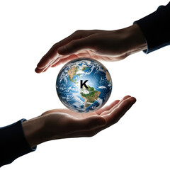 Hands Cupping a Glowing Earth with Letter K in the Center on Black Background holding protecting