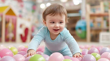 A toddler in a blue onesie, happily exploring a sea of bright rainbow-coloured balls in an indoor activity center, with colorful murals and fun playground equipment