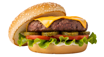 Classic hamburger with a juicy patty, melted cheese, crisp lettuce, fresh tomato, and tangy pickles on a sesame bun, isolated on a clean transparent background