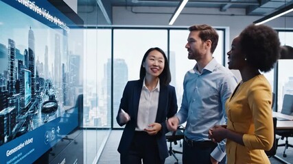 Diverse business team analyzing data on interactive digital display - Powered by Adobe