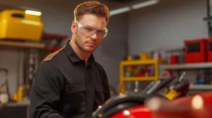 A technician wearing a black shirt and safety glasses, standing on a service lift while inspecting the engine bay of a car, with tool chests, air compressors, and workbenches