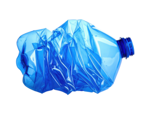 A crushed, translucent, blue plastic bottle, laying horizontally against a black background