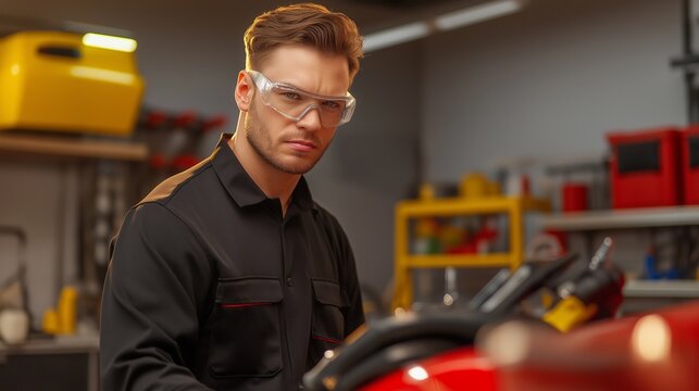 A technician wearing a black shirt and safety glasses, standing on a service lift while inspecting the engine bay of a car, with tool chests, air compressors, and workbenches