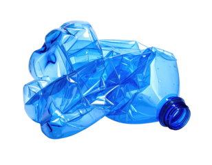 Crushed blue plastic bottle, deformed by pressure against a black background (1)