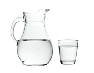 Clear glass pitcher and glass filled with water against a black background