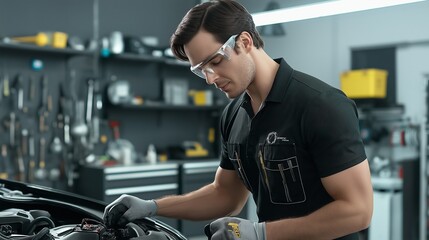 A technician wearing a black shirt and safety glasses, standing on a service lift while inspecting the engine bay of a car, with tool chests, air compressors, and workbenches