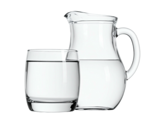 A simple composition featuring a clear glass of water next to a matching pitcher