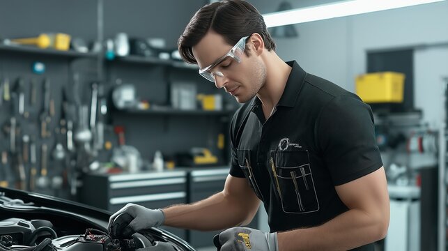 A technician wearing a black shirt and safety glasses, standing on a service lift while inspecting the engine bay of a car, with tool chests, air compressors, and workbenches