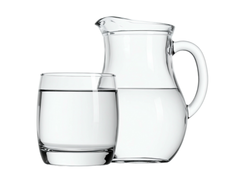 A simple composition featuring a clear glass of water next to a matching pitcher