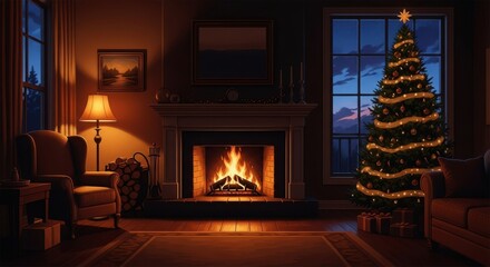 Cozy living room with fireplace and christmas tree at night