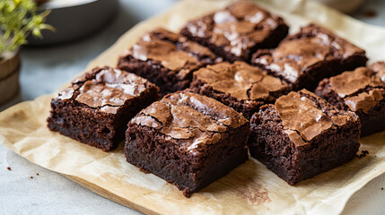 Delicious homemade chocolate brownies on a wooden board, top view close-up with copy space for National Brownie Day, National Brownies at Brunch Month