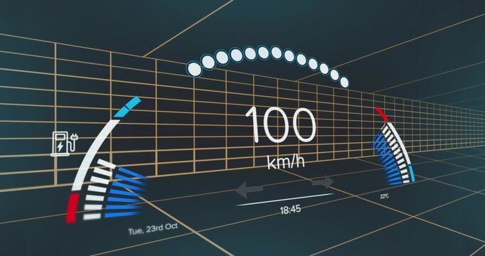 Sim starting, HUD speed read rising and gauges filling and dropping, showing speed in wireframe
