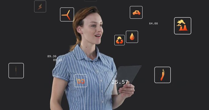 Woman holding tablet, tapping and gesturing, spawning floating energy icons and scores for demo