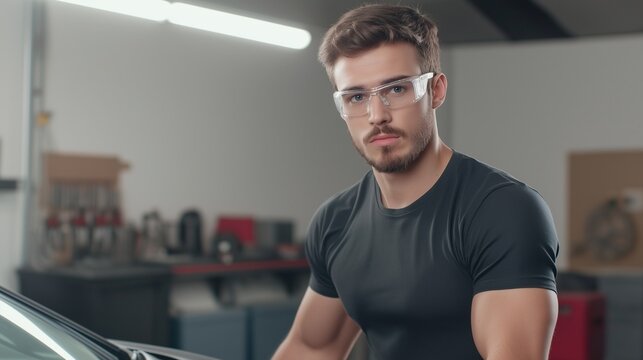 A technician wearing a black shirt and safety glasses, standing on a service lift while inspecting the engine bay of a car, with tool chests, air compressors, and workbenches