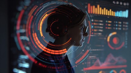 Woman silhouetted against futuristic digital data display interface