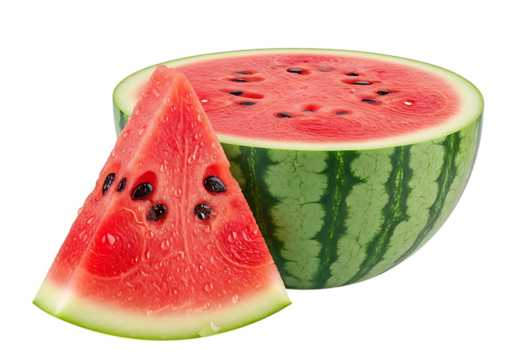 Sliced watermelon with seeds on transparent background