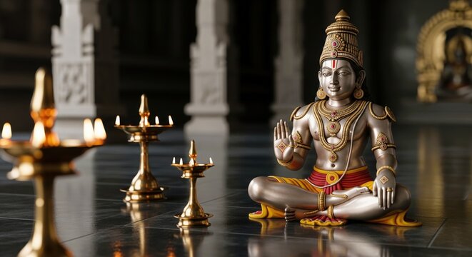 Lord Ayyappa Idol. Realistic 3D Render Sabarimala Temple Background.