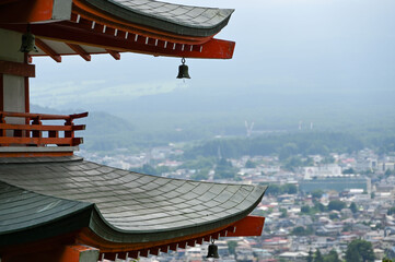 japanese temple in the morning, view on mount fuji