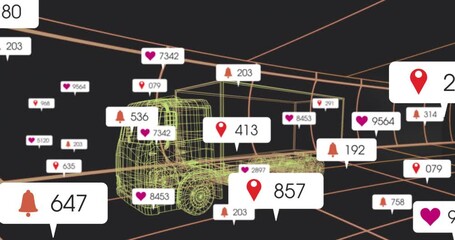 Pin 524 appearing above truck, labels growing and moving from right, visualizing metrics