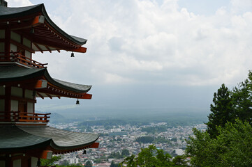 japanese temple in the morning, view on mount fuji