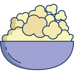 Bowl of fluffy yellow popcorn with a blue outline in a purple bowl with a white background and a subtle shadow underneath