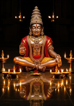 Lord Ayyappa Idol. Realistic 3D Render Sabarimala Temple Background.