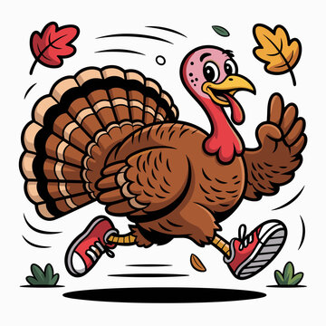 Turkey Trot in Autumn: An animated turkey strides with gusto, decked out in sneakers, amidst falling leaves, embodies the spirit of autumn and the joy of a good run.