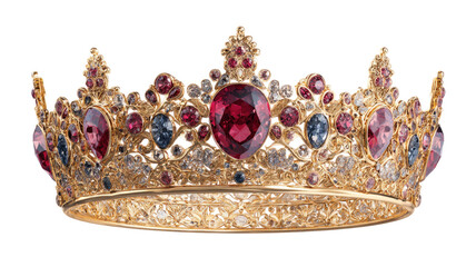  Regal crown with sparkling gemstones isolated on white background for luxury, royal accessories, jewelry photography, and ceremonial decoration