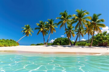 Tropical paradise with untouched white sand and lush palm trees under a clear blue sky, ocean, deserted, paradise
