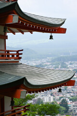 japanese temple in the morning, view on mount fuji
