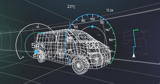 Speed arc appearing triggers HUD animating around wireframe van, showing speed data rising falling