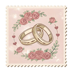 Vintage postage stamp featuring intertwined wedding rings and delicate floral design celebrating love and marriage