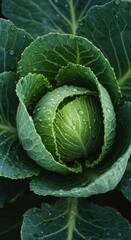 Vibrant green cabbage leaves covered in droplets of condensation, suggesting fresh vegetable health and a cool, revitalizing experience ,ingredients ,cool ,droplet