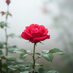 Vibrant red rose blooming amidst lush green foliage in a peaceful summer garden. The soft, hazy white light creates an ethereal backdrop ,ethereal, daylight, summer