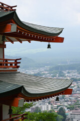 japanese temple in the morning, view on mount fuji
