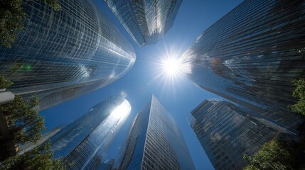 Obraz premium Majestic View of Towering Skyscrapers with Lens Flare from Below Under Bright Sunlight