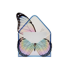Iridescent Butterfly Wings Emerging from a Translucent Envelope with a Blank Card letter