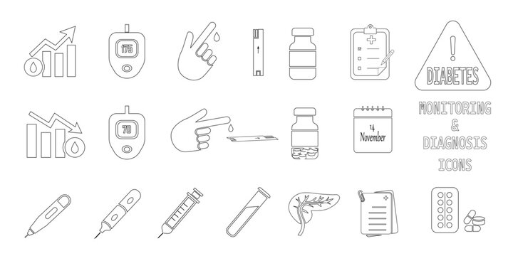 Diabetes and healthcare concept line icons. outline style vector illustration for blood sugar symbol, health care surgical, medical equipment for diabetes awareness and healthy lifestyle( Isolated)