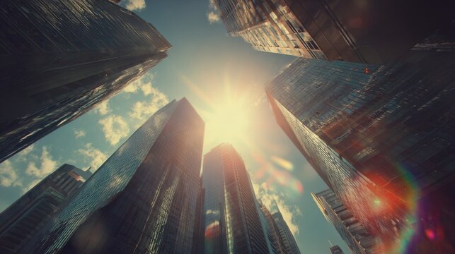 View of Towering Skyscrapers with Lens Flare from Ground Perspective Under Bright Sunlight