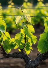 Vigorously growing grapevine with twisting woody stems and broad green leaves reaching toward the sunlight, symbolizing fertility and future wine harvest, botany, garden, stem