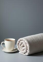 Warm towel and soothing tea resting next to a soft, folded blanket, symbolizing comfort and relief during the monthly cycle ,warm ,period ,well-being
