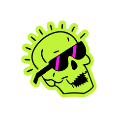 Bright neon yellow skull with sunglasses and sun rays a cool and edgy graphic design element